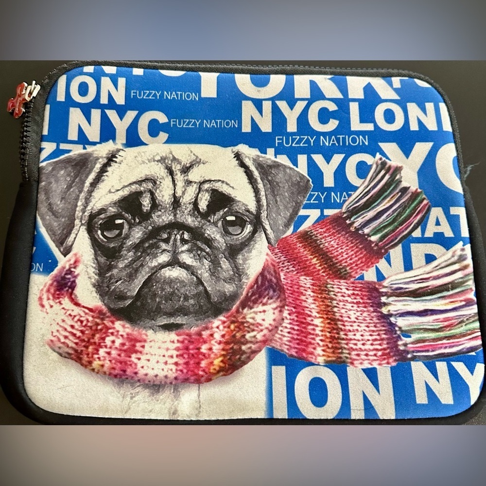 New Fuzzy Nation Pug Laptop Sleeve 11x8 3/4” blue with black